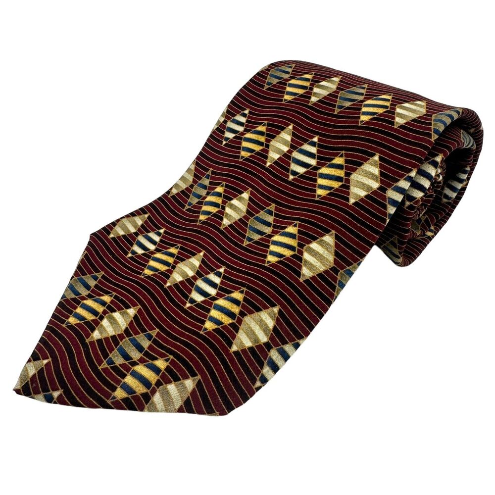 Bill Blass Black Label Burgundy Geometric Silk Tie Men's 59" Classic Neckwear